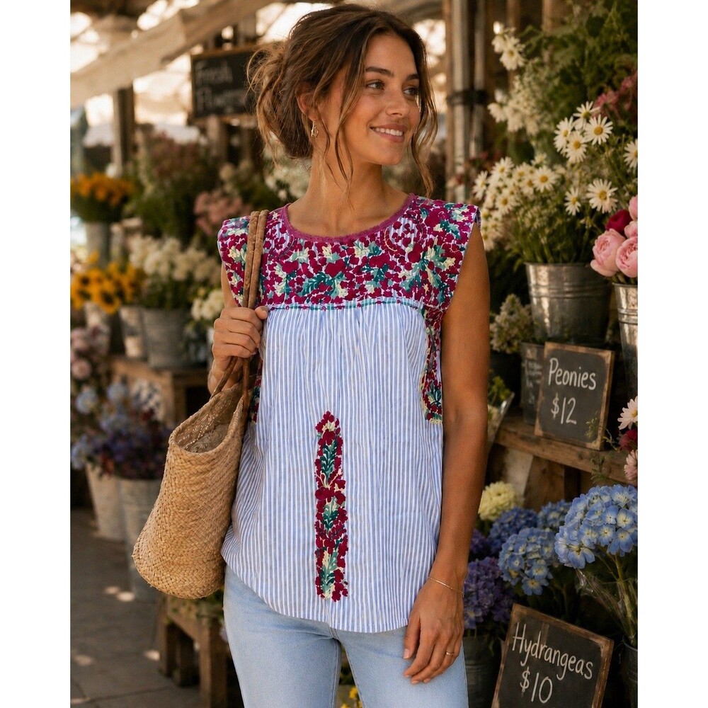 Mi Golondrina Blouse Blue White Stripe Hand Embroidered Magenta Floral Small